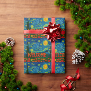 Starry Night Floral Welcome Artistic Design Wrapping Paper