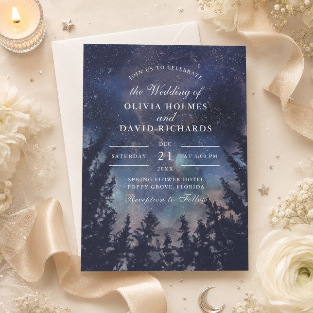Starry Night Forest Celestial Wedding Invitation (Starry Night Forest Celestial Wedding Invitation on a table with flowers and celestial decor)