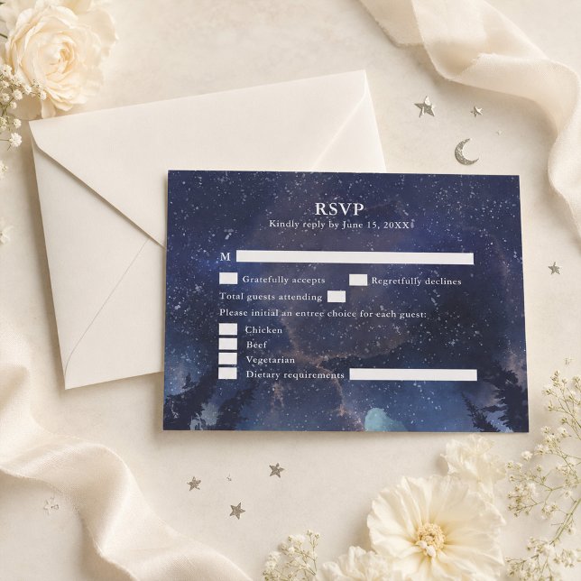 Starry Night Forest Celestial Wedding RSVP Card (Starry Night Forest Celestial Wedding RSVP Card on a table with flowers and ribbons)