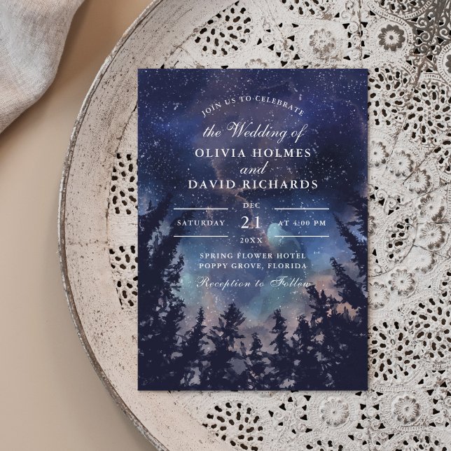 Starry Night Forest Wedding Invitation (Starry Night Forest Wedding Invitation on a neutral boho plate.)
