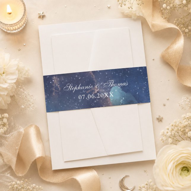 Starry Night Forest Wedding Invitation Belly Band (Starry Night Forest Wedding Invitation Belly Band on a table with celestial wedding decor)