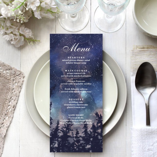 Starry Night Forest Wedding Menu Card (Starry Night Forest Wedding Menu Card on a boho white and silver wedding dinner table.)
