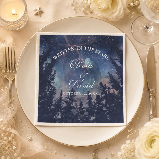 Starry Night Forest Wedding Napkin (Starry Night Forest Celestial Wedding Napkins on an elegant celestial wedding dinner table)