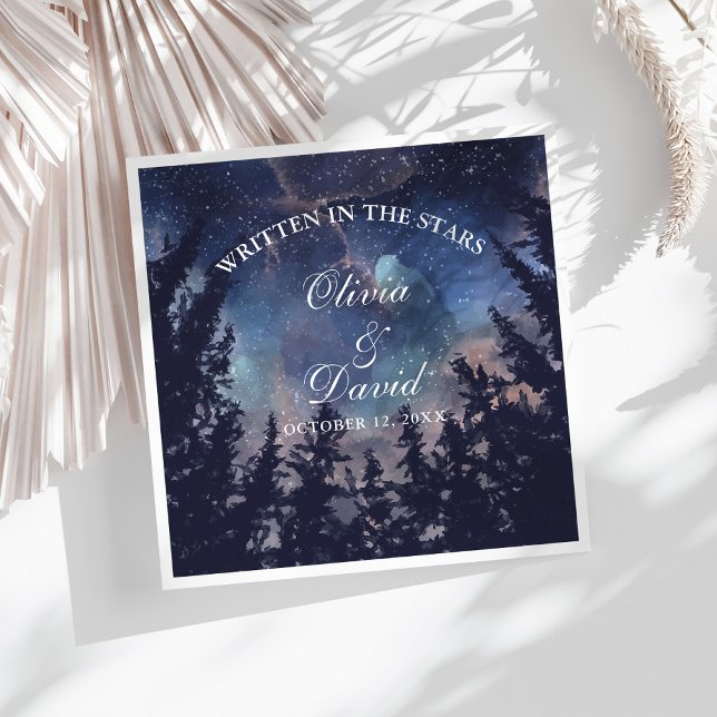 Starry Night Forest Wedding Napkin (Starry Night Forest Wedding Paper Dinner Napkins on a sunny white table.)