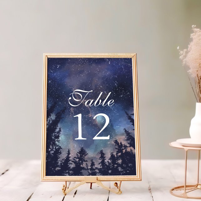 Starry Night Forest Wedding Table Numbers (Starry Night Forest Wedding Table Numbers on a white wooden table in a golden frame.)