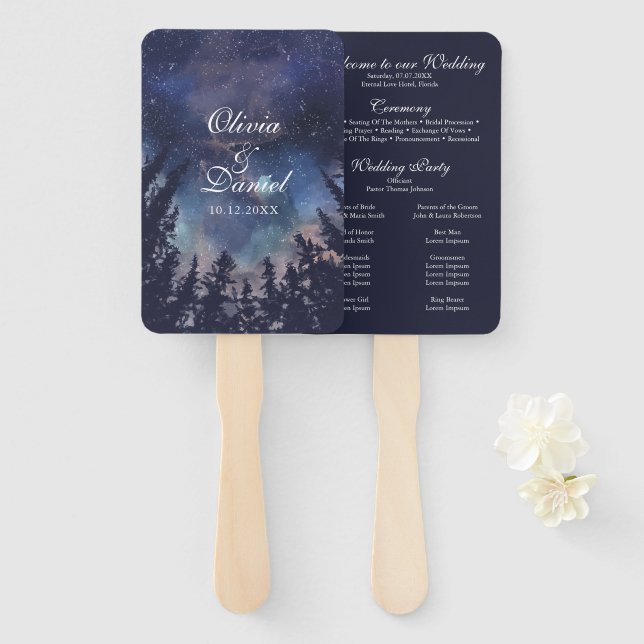 Starry Night Forest Wedding Wedding Program Hand Fan (Front and Back)