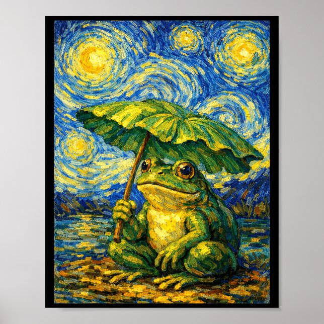 Starry night frog umbrella van gogh style funny poster (Front)