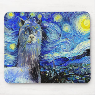 Starry Night Funny Alpaca Landscape Parody Mouse Pad