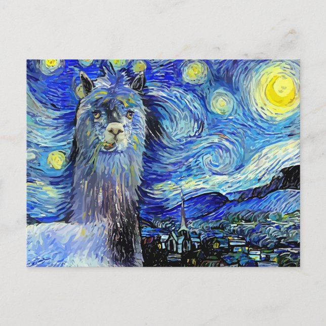 Starry Night Funny Alpaca Landscape Parody Postcard (Front)