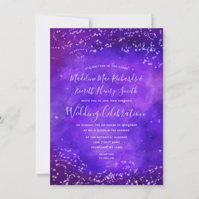 Starry Night Galaxy Watercolor Wedding Invitation (Front)