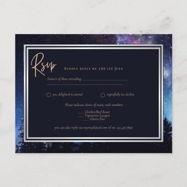 Starry Night Galaxy Wedding RSVP Navy Gold Postcard (Front)