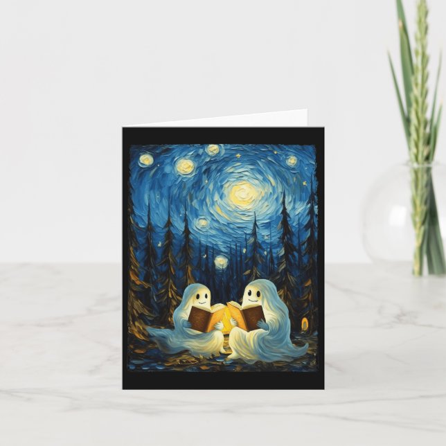 Starry Night Ghost Book Reading Camping Halloween  Card (Front)