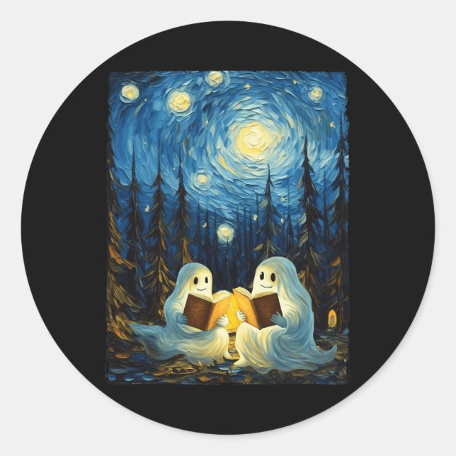Starry Night Ghost Book Reading Camping Halloween  Classic Round Sticker (Front)