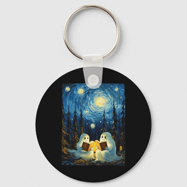 Starry Night Ghost Book Reading Camping Halloween  Key Ring (Front)