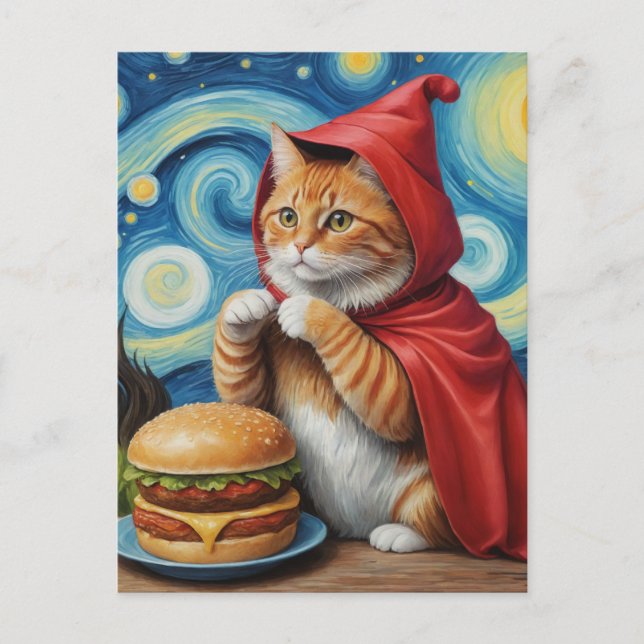 Starry Night Ginger Cat with Cheeseburger Postcard (Front)