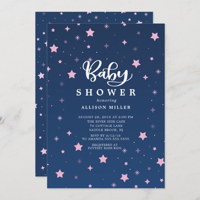 Starry Night Girls Baby Shower Invitation (Front/Back)