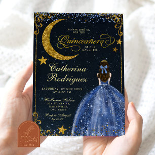 Starry Night Gold and Dark Blue Quinceanera Invitation
