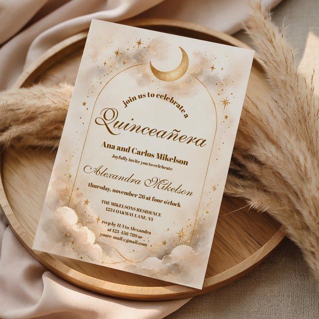 Starry Night Gold Quinceañera Invitation (Creator Uploaded)