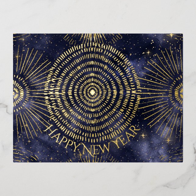 Starry Night Gold Starburst Pattern Foil Holiday Postcard (Front)