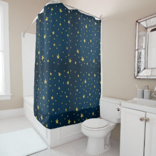 Starry night gold stars navy celestial star print shower curtain