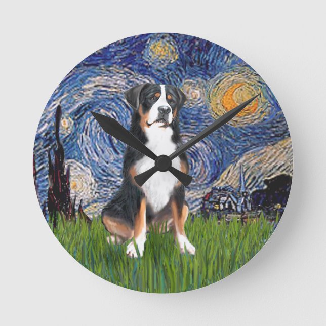 Starry Night - Greater Swiss Mountain dog Round Clock (Front)