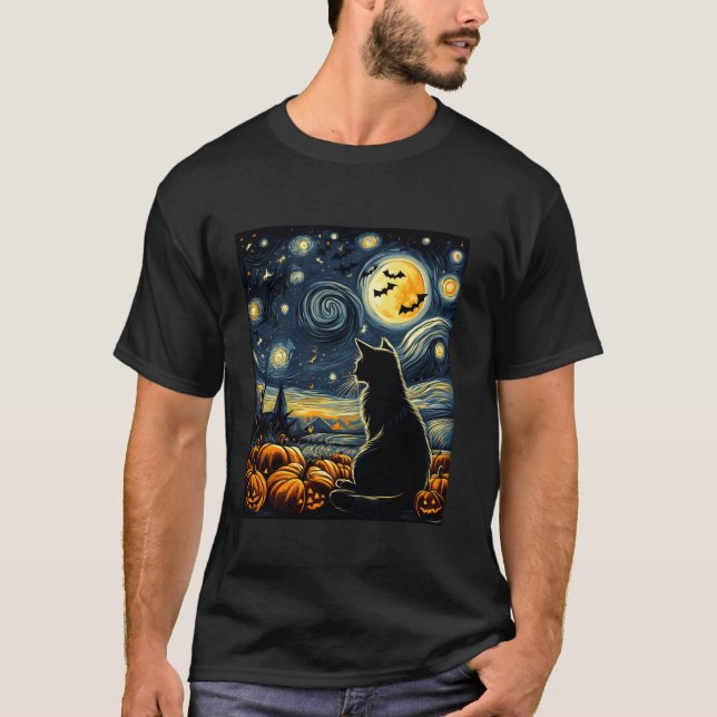 Starry Night Halloween Costume Black Cat Pumpkins  T-Shirt (Front)