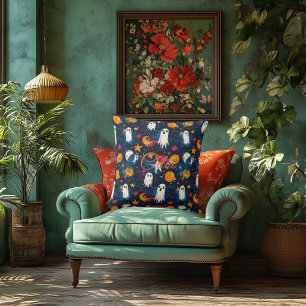 Starry Night Halloween Pillow with Playful Ghosts