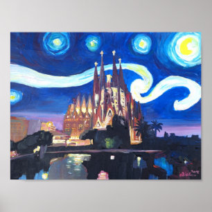 Starry Night in Barcelona with Sagrada Familia Poster