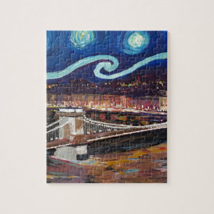 Starry Night in Budapest Hungary with Parliament Jigsaw Puzzle