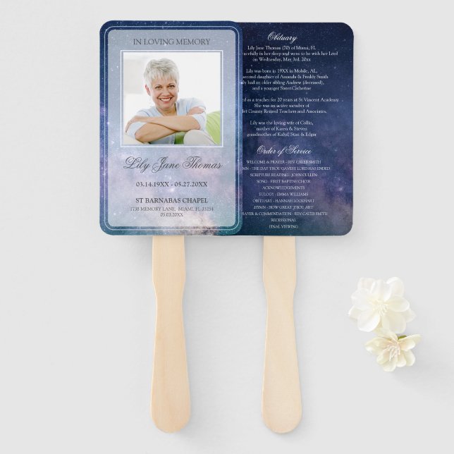 Starry Night In Loving Memory Funeral Program Hand Fan (Front and Back)