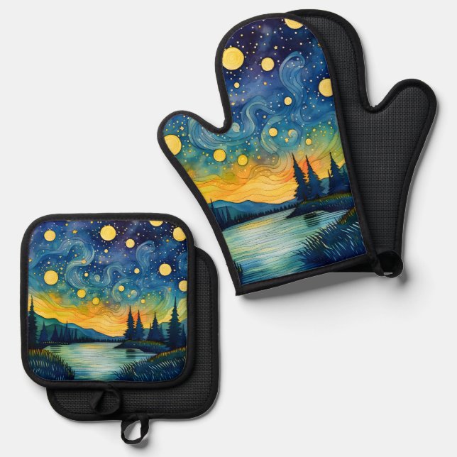Starry Night-Inspired 2 Oven Mitt & Pot Holder Set (Front/Back)