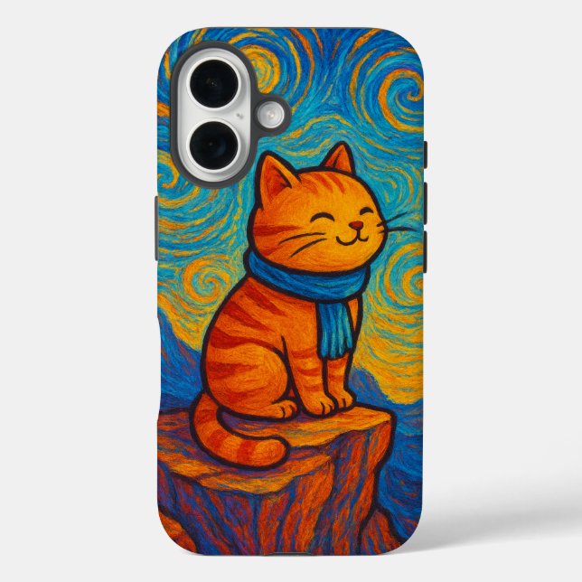 Starry Night Inspired Cat Illustration Phone Case (Back)