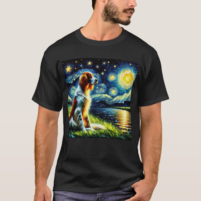 Starry Night Irish Red And White Setter Dog Van T-Shirt (Front)