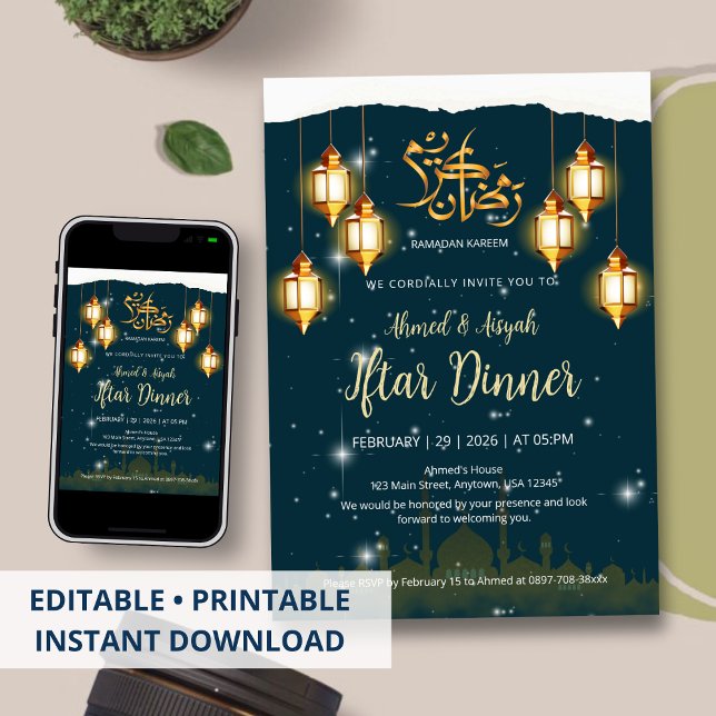 Starry Night Islamic Iftar Invitation gold lantern (Creator Uploaded)