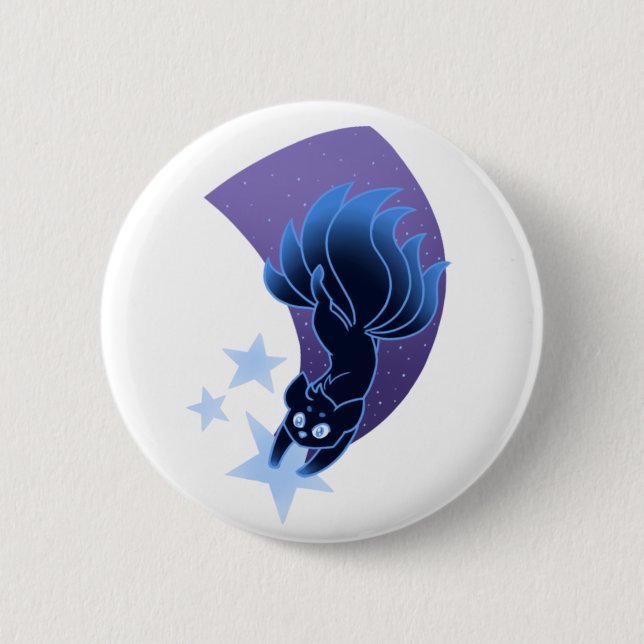 Starry night kitsune on a shooting star button  (Front)