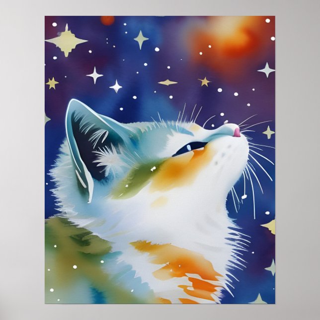 Starry Night Kitty Watercolor  Poster (Front)