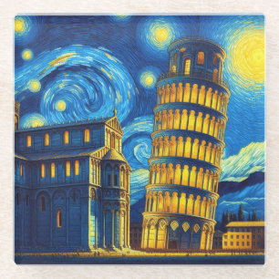 Starry Night Leaning Tower Of Pisa Italy Glass Coaster