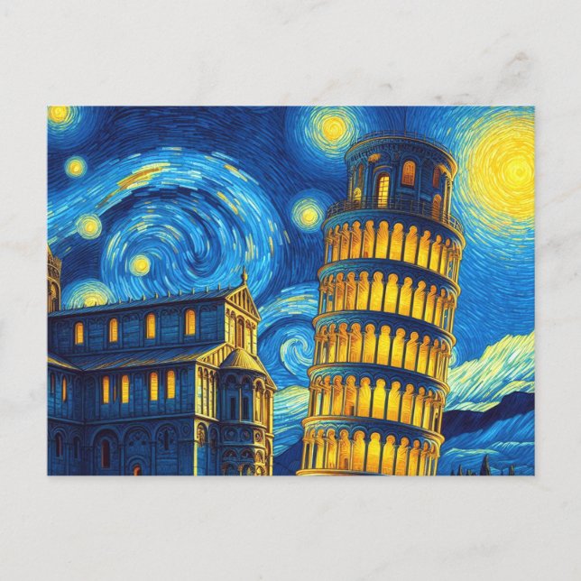 Starry Night Leaning Tower Of Pisa Italy Postcard (Front)