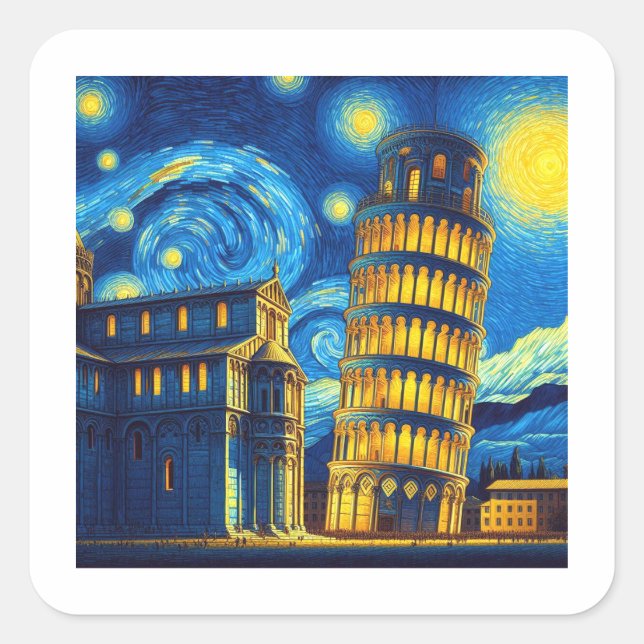 Starry Night Leaning Tower Of Pisa Italy Square Sticker (Front)