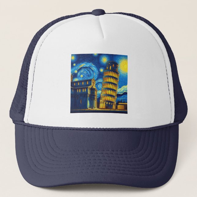 Starry Night Leaning Tower Of Pisa Italy Trucker Hat (Front)