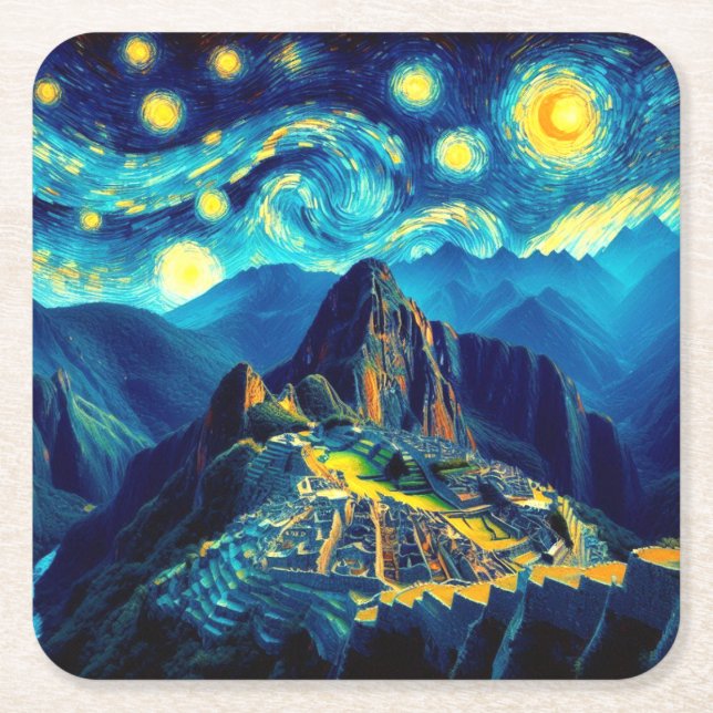 Starry Night Machu Picchu Peru Square Paper Coaster (Front)