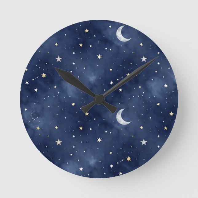 Starry Night Moon Constellations Pattern Round Clock (Front)