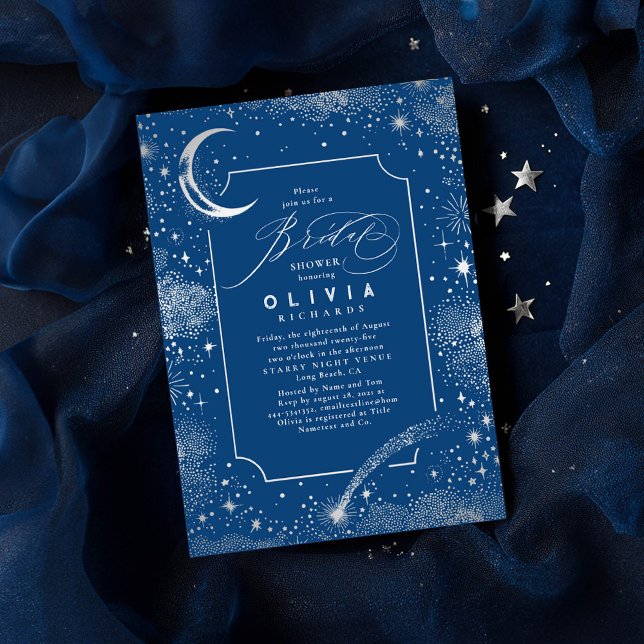 Starry Night Moon Mystical Celestial Bridal Shower Invitation (Celestial Bridal Shower Invitations featuring silver moon and stars on a navy blue background)