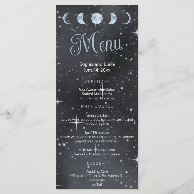 Starry Night Moon Phases Wedding Flat Menu (Front)