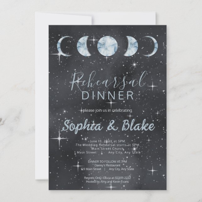 Starry Night Moon Phases Zodiac Rehearsal Dinner Invitation (Front)