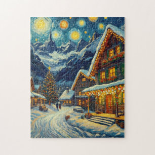 Starry Night Mountain Village Christmas Jigsaw Puzzle