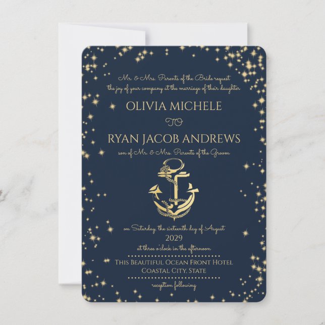 Starry Night Nautical Anchor Beach Wedding Invitation (Front)
