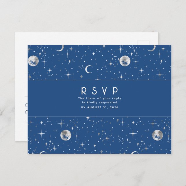 Starry Night Navy Blue and Silver Wedding RSVP Postcard (Front/Back)