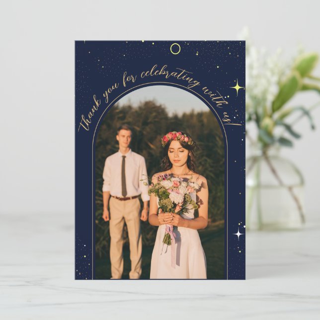 Starry Night Navy Blue Arch Celestial Photo Thank You Card (Standing Front)