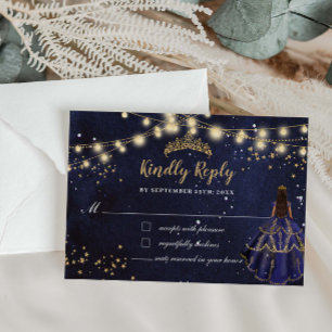 Starry Night Navy Blue Dress Gold Quinceañera RSVP Card